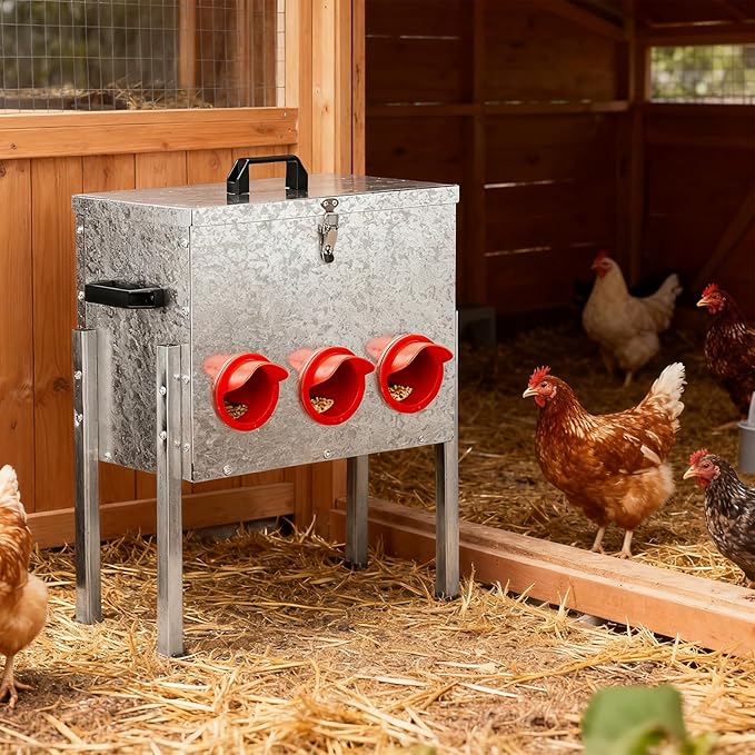 Outvita 40 lb Metal Chicken Feeder with 6 No-Waste Ports, Heavy-Duty Outdoor Chicken Feeder Box with Locking Lid & Handle for Chickens Duck Bantams Pheasants Poultry Backyard Chicken Coop