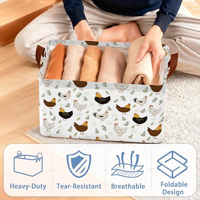 Roosters Chicken Storage Basket with Handles,Fern Plants Collapsible Rectangle Organizer Bin for Room Decoration Books Box Baskets 17x11.5x10Inch