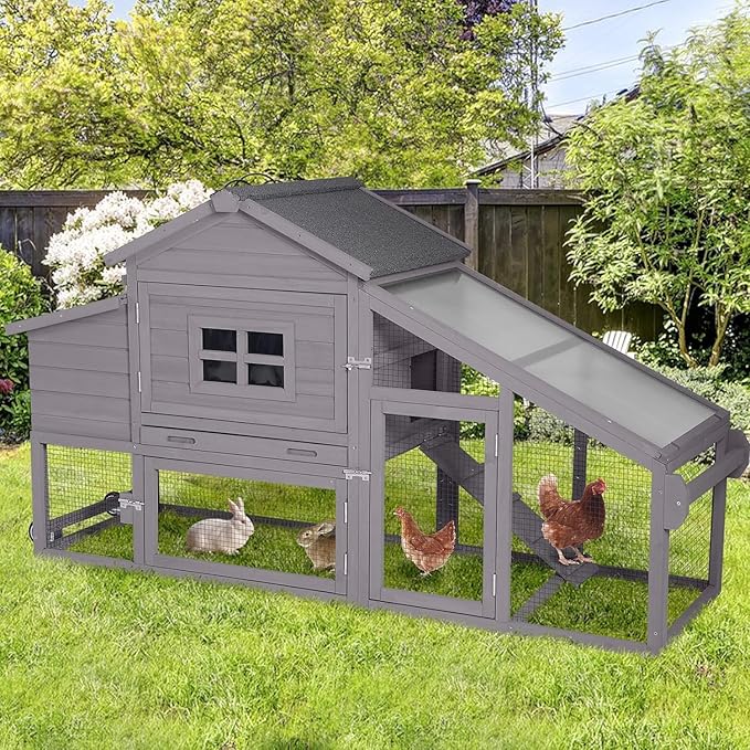 Chicken Coop for 4 Chickens, Mobile Chicken House with with Wheels, Outdoor Hen House Poultry Cage with Nesting Box, Leakproof Pull Out Tray and UV-Resistant Roof (67.3" L x 29" W x 39.4" H)