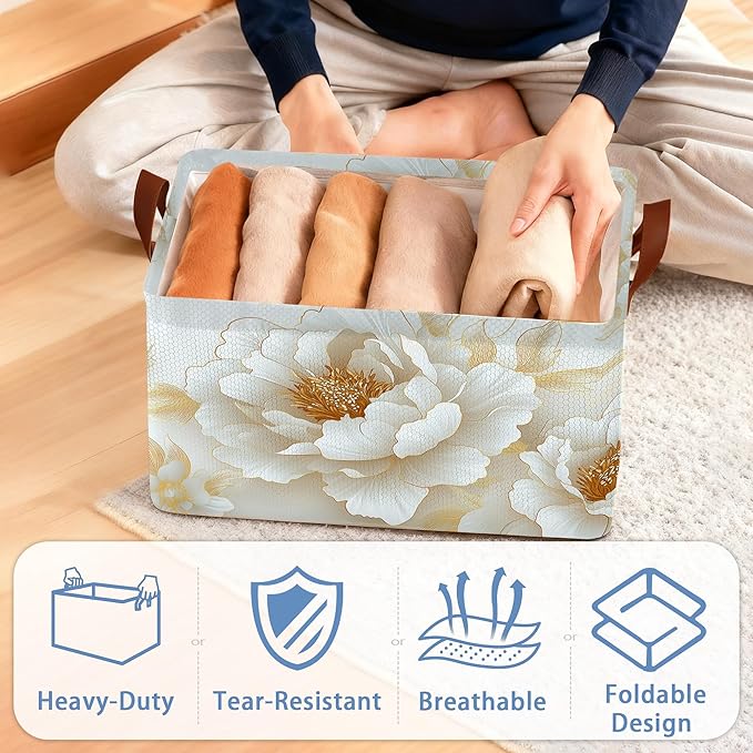 Vintage Peony Storage Baskets,White Gold Flower Foldable Large Capacity Organizer Bins with Waterproof Lining and Leather Handles for Closet,Shelf,Bedroom 17x11.5x10Inch