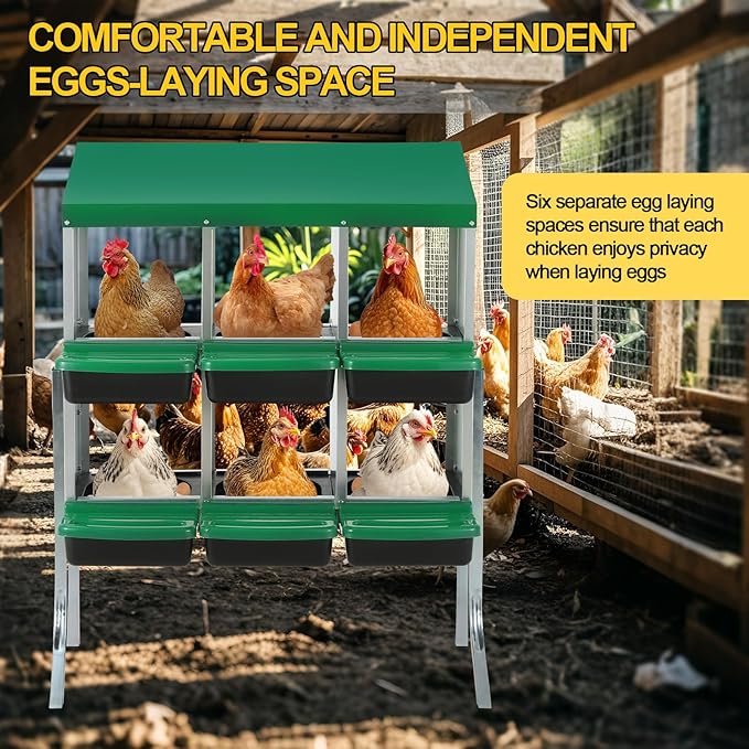Two-Tier Chicken Nesting Box,6 Hole Metal Chicken Egg Laying Box with Swing Perch and Rollout Egg Collection Protect Eggs