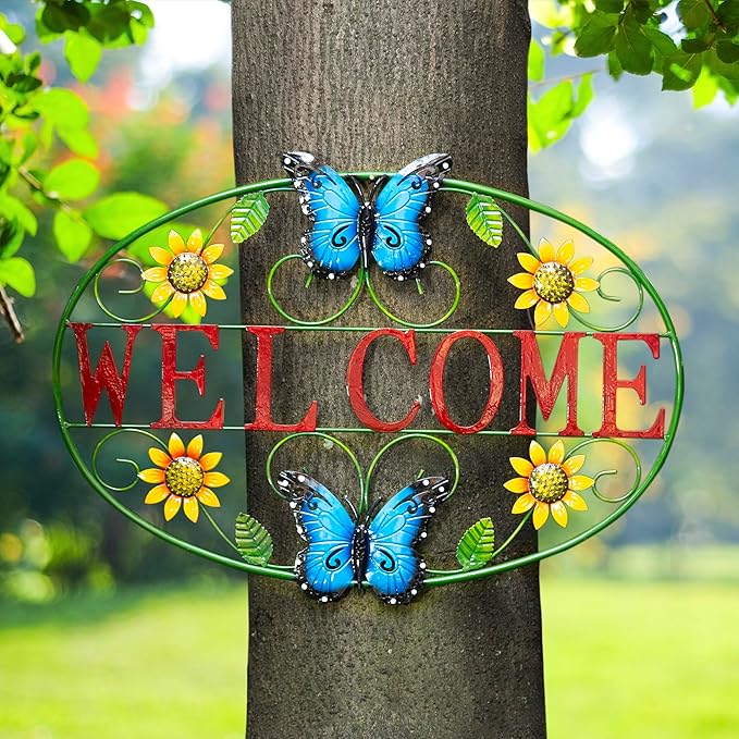 Glitzhome Metal Welcome Sign for Outdoor & Indoor - Rustic Farmhouse Wall Decor Sunflower & Butterfly Garden Art for Porch Patio Yard