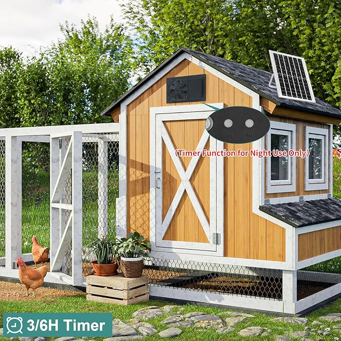 Solar Powered Fan with Battery Run Day/Night, 15W Solar Fan for Chicken Coop with 16.4Ft Cable,3/6H Timer, Waterproof Greenhouse Fans for Shed, Chicken Coop,Ventilation