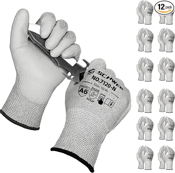 Schwer 12 Pairs Cut Resistant Gloves ANSI A6/A7 (Send Randomly) CR7120 Cut Proof Work Gloves, Touchscreen, for Men and Women Used for Woodworking, Glass Cutting, Construction, Car Repair, XL