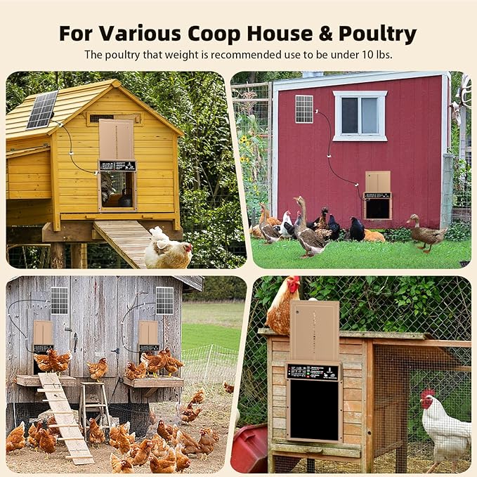 Automatic Chicken Coop Door, Pet Deluxe Chicken Coop Door Solar Powered 7W - Programmable Timer, Light Sensor, Anti-Pinch Safety, Aluminum Alloy Frame with 10 Wire Clips Chicken Door - Brown