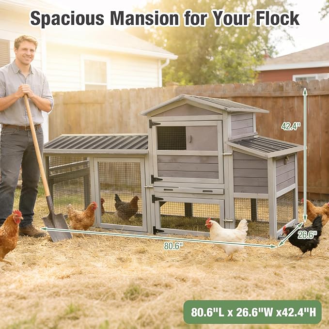 Chicken Coop with Wheels, 80" Mobile Wooden Hen House for 2-4 Chickens, Outdoor Poultry Cage with 2 Nesting Boxes, Waterproof PVC Cover & Pull-Out Tray, Weatherproof Rabbit Hutch for