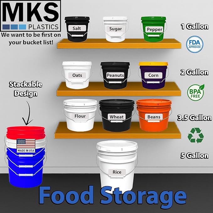 2-Gallon Bucket with Airtight Lid – Made in USA, Food Grade BPA Free Plastic, Heavy Duty Multi-Use, Metal Handle with Grip, Stackable Storage – White, 6 Pack