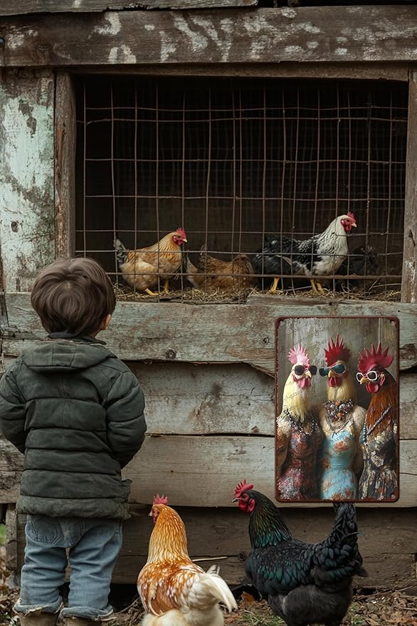 Funny Vintage Chicken Farm Metal Sign Chicken Fashionable Rooster Tin Sign Metal Poster Home Garden Farmhouse Restaurant Garage Aluminium Sign Art Wall Decor 16x12 Inch