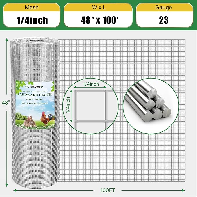 Hardware Cloth 1/4 inch 48in x 100ft 23 Gauge, Chicken Wire Hot-dip Galvanized After Welding Fence Roll Garden Plant Welded Metal Wire Fencing Roll, Rabbit Cages Snake Fence