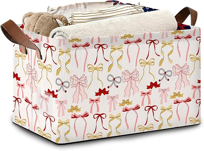 Cute Pink Bow Storage Baskets,Foldable Organizer Bin with Handles for Home Living Room Bedroom Closet Box 17x11.5x10Inch