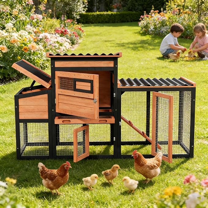 Chicken Coop, Large Wooden Chicken Coop with Nesting Boxes & Run Cage for 2-3 Chickens, Outdoor Hen House Poultry Hutch Rabbit Cage with No-Slip Ramp & Pull-Out Tray for Backyard Farm