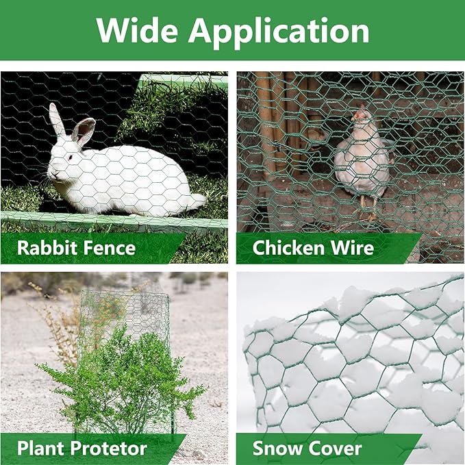 Aboofx Chicken Wire for Floral Arrangements 157.5 x 13.8 Inch Green Mesh Chicken Wire with 20 Zip Ties and 1 Pair of Glove Hexagonal Galvanized PVC Coated Netting Fence for Crafs Poultry Garden