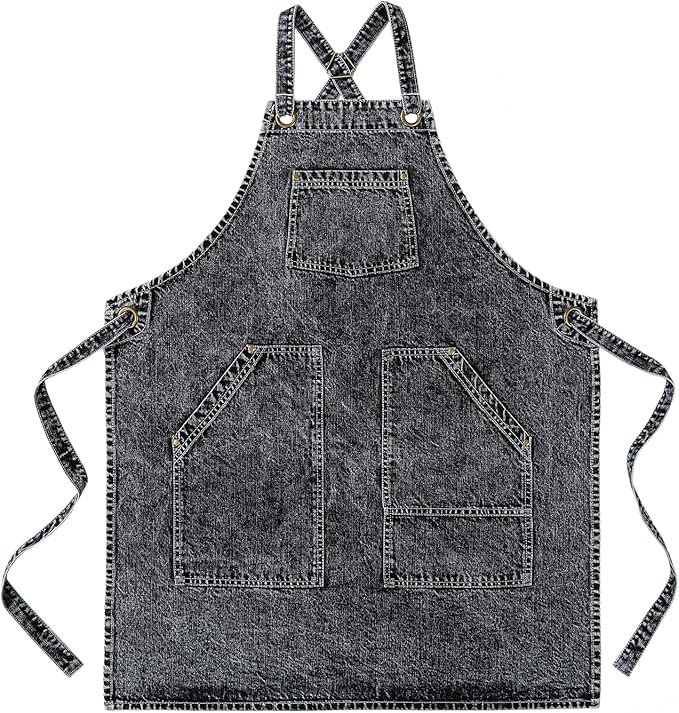 Cotton Denim Apron Soft - Unisex Adjustable Bib Apron with 5-Pockets Perfect for Kitchens