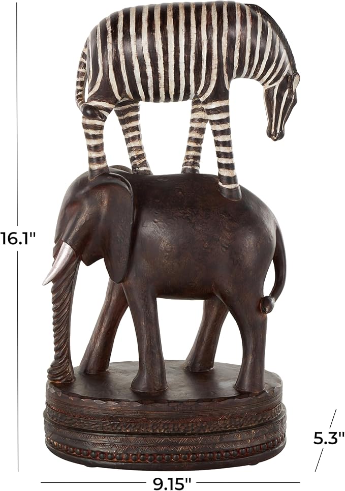 Deco 79 Polystone Safari Animals Decorative Sculpture Stacked Home Decor Statue with Round Base, Accent Figurine 9" x 5" x 16", Multi Colored