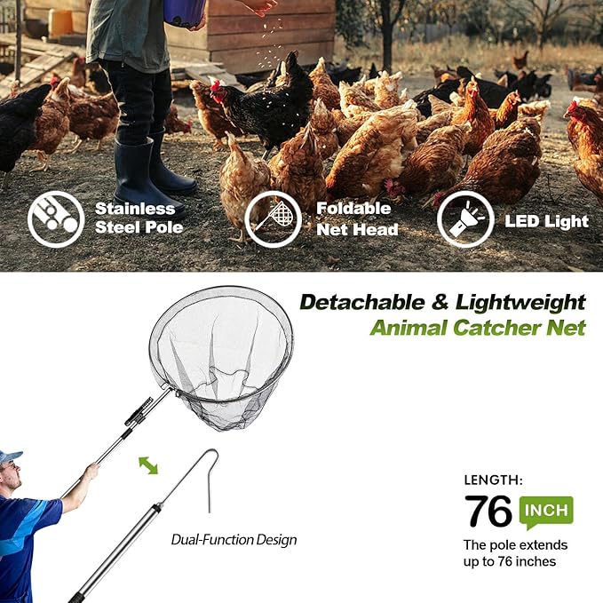 Chicken Catching Net, Chicken Catcher Leg Hook with Extendable Stainless Steel Handle (28.5" to 76"), Poultry Catcher for Catching Small Animals, Duck, Goose, Bird, Skunk Bat and Fish net