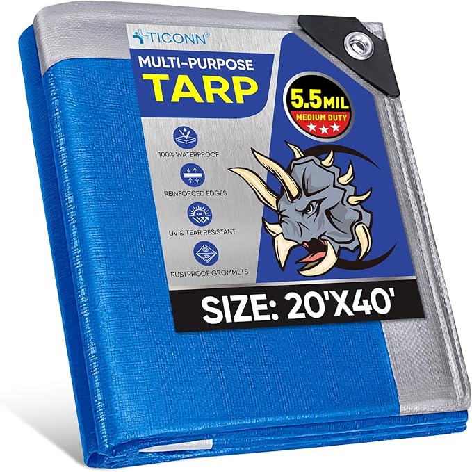 TICONN Heavy Duty Tarp Cover, Extra Thick Tarps Waterproof Tear and Rip Proof UV Resistant Tarpaulin with Reinforced Grommets and Edges (5.5 Mil, 20'×40')