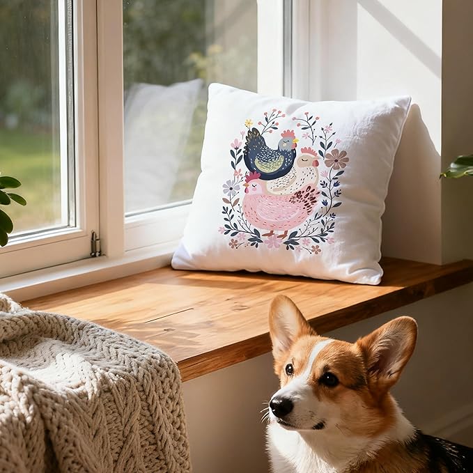 Rustic Floral Chicken Pillow Covers 18x18, Chicken Lover Lady Mom Gifts, Cottagecore Flower Farmhouse Hen Decorative Throw Pillow Covers for Home Bedroom Living Room, Set of 2,Color-3