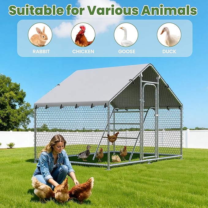 Large Metal Chicken Coop with Roosting Perch, UV-Resistant and Waterproof Cover, Chicken Run Outdoor Walk-in Cage Rabbit Duck Hen House for Yard Farm Use Spire Roof (10’ W x 4.9’ L x 6.4’ H)