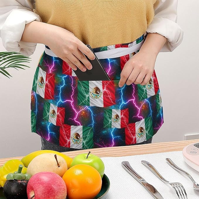 Unisex Chef Waiter Apron Waist Half Short Serving Aprons with 3 Pockets