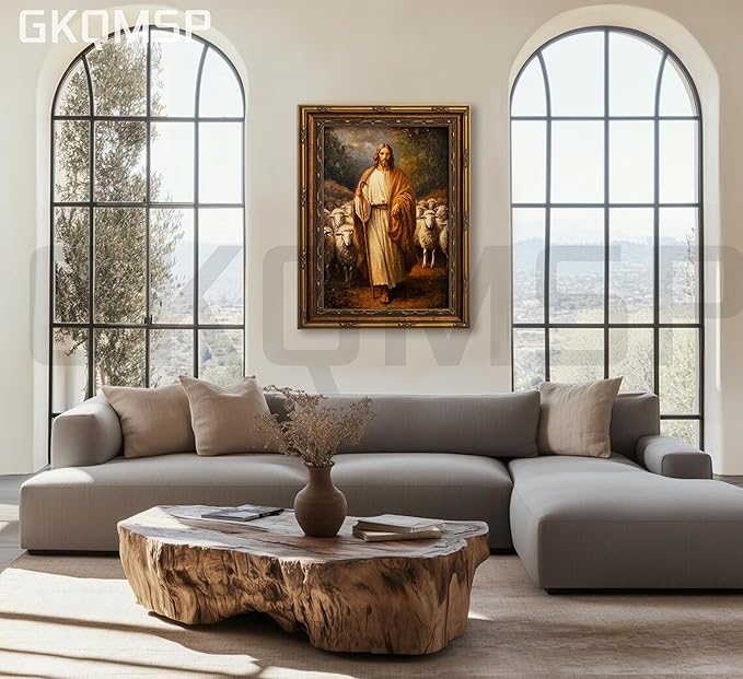 Vintage Gold Framed Wall Art Jesus and Lamb canvas wall decor Christian Jesus Sheep Oil Painting Prints Religious Shepherd Picture Poster Artwork for Home Living Room Bedroom Prayer Room 16x24in