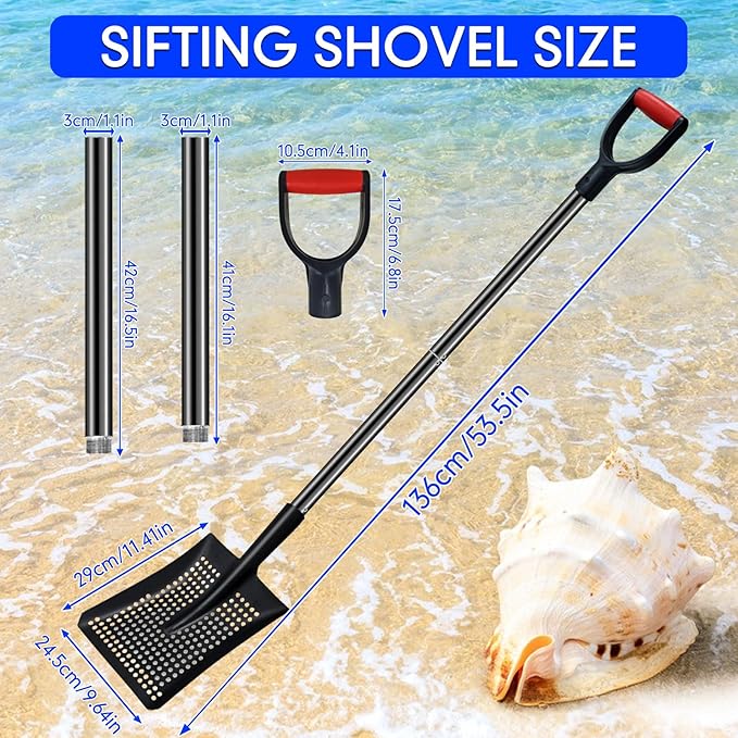 Sifting Shovel, Heavy Duty Metal Sand Sifter for The Beach, 53.5" Long Sand Sifter Shovel for Beach Fun, Chicken Coop, Farm Goat Stall Sand Poop Cleaning, with Ergonomic D-Grip Handle (Black)