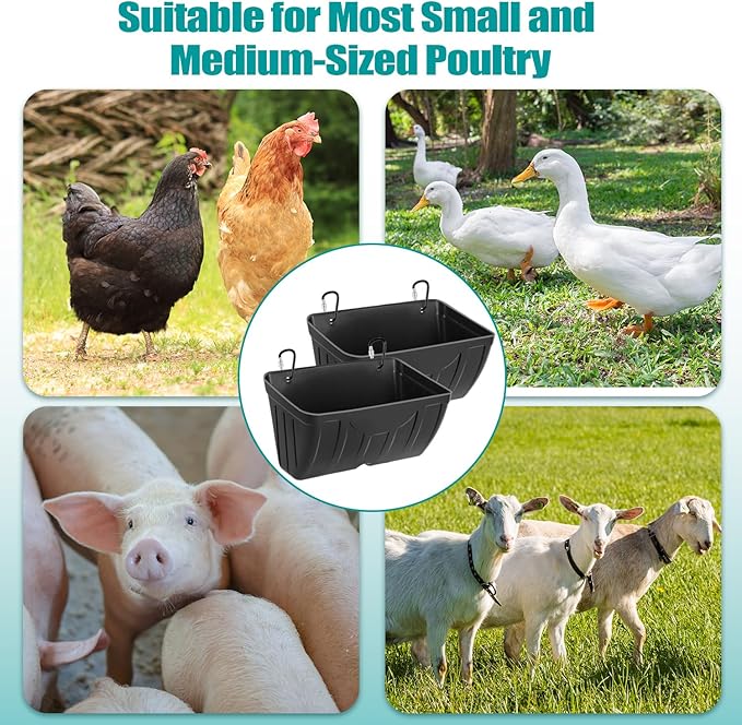 Chicken Feeder,Hanging Goat Feeders,Hanging Poultry Feeder for Sheep, Duck and Dog, Fence Feeder Trough Livestock Feeding Container, Chicken Coop Accessories, 2 Pack Black Chicken Feeder Waterer