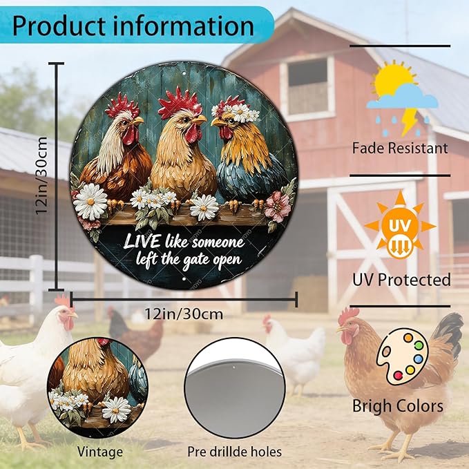 Chicken Wall Decor Live Like Someone Left The Gate Open Poster Funny Farm Chicken Coop Round Metal Tin Signs Home Kitchen Garden Restaurant Rooster Outdoor Yard Wall Art Decor 12 Inch