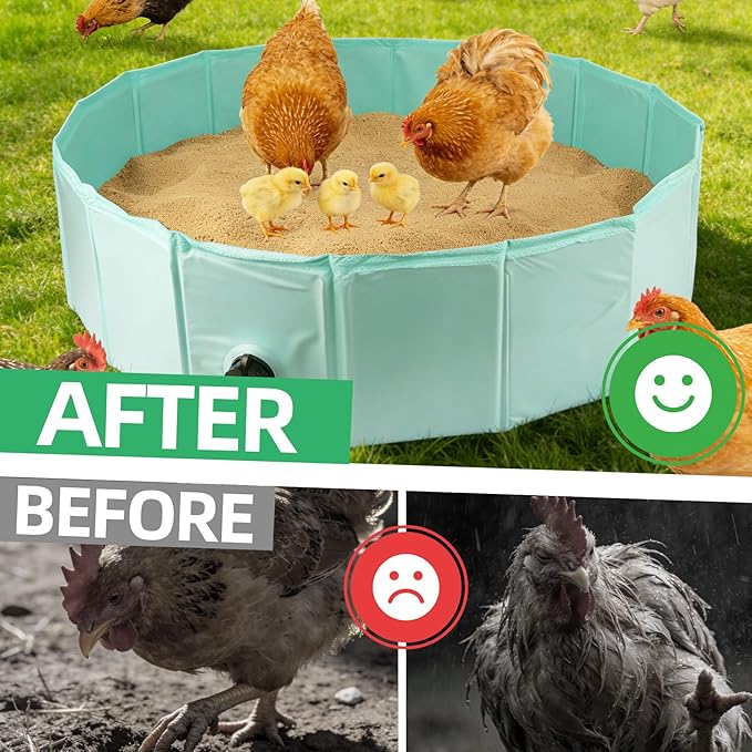 Chicken Dust Bath Tub, 32.3" D * 8" H Foldable Bathing Pool with Waterproof Cover & Feeder Net, Dust Bath for Chickens & Duck Tub, Dog Pool, Multi-Pet Coop Accessory (Green)