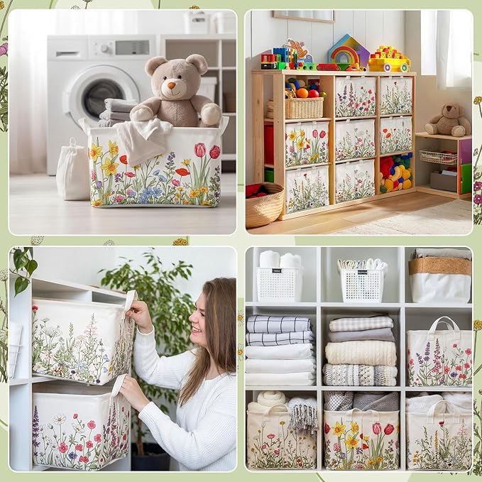 CHENGU 6 Pack Spring Floral Storage Bins Collapsible Wildflower Baskets with Handles Large Multicolored Flower Basket Farmhouse Foldable Organizers Rustic Home Decor for Bedroom Office Home