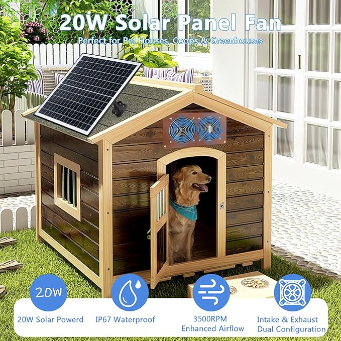 Solar Panel 2 Fan Kit, 20W Solar Powered Fan for Chicken Coops, Greenhouses, Sheds, Intake & Exhaust, 3500RPM, IP67 Waterproof, 360° Adjustable Mount, 8.8FT Cable