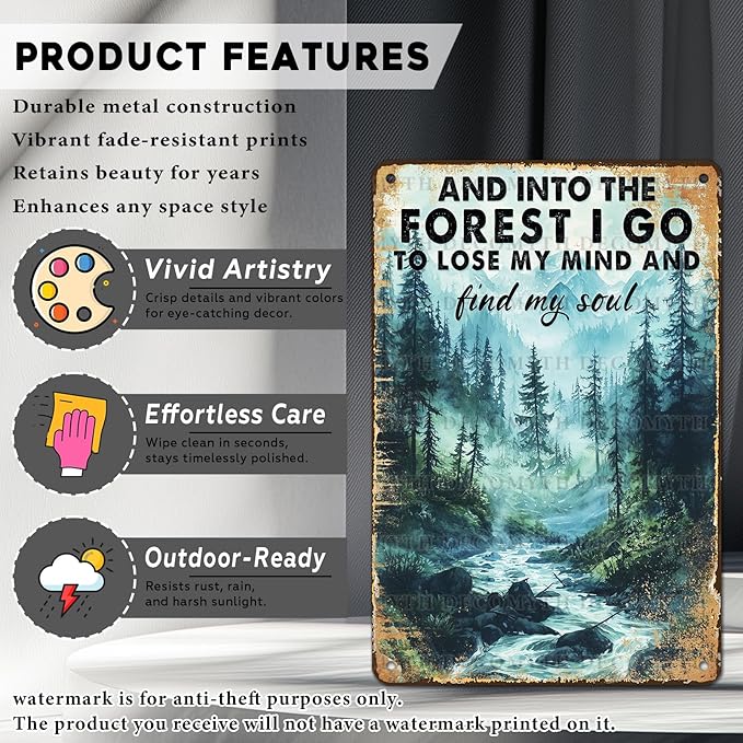 Vintage Tin Sign And Into The Forest I Go To Lose My Mind And Find My Soul Retro Wall Decor Garden Plaque Funny Metal Poster Kitchen Store Cafe Toilet Bathroom Bar Pubs Camper Yard 12*8inch