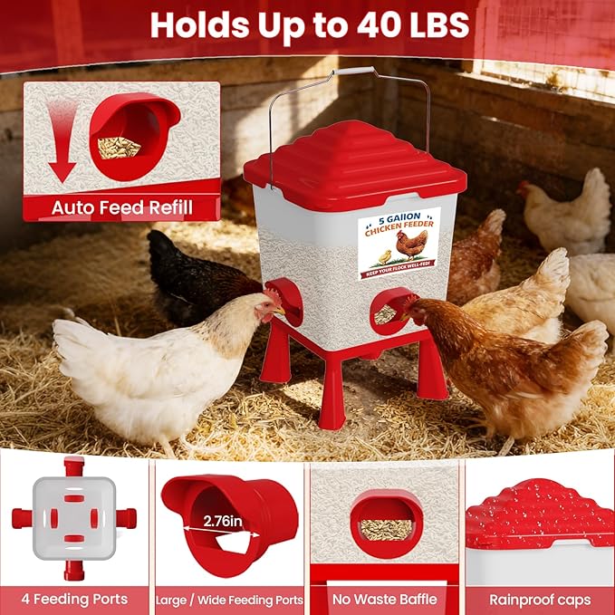 Chicken Feeder and Waterer Set, 5 Gallon Automatic Chicken Waterer with Cups, 40LB Large Chickens Feeders No Waste, Chicken Coop Accessories, Poultry Feeder & Chicken Watering System for Ducks, Quails