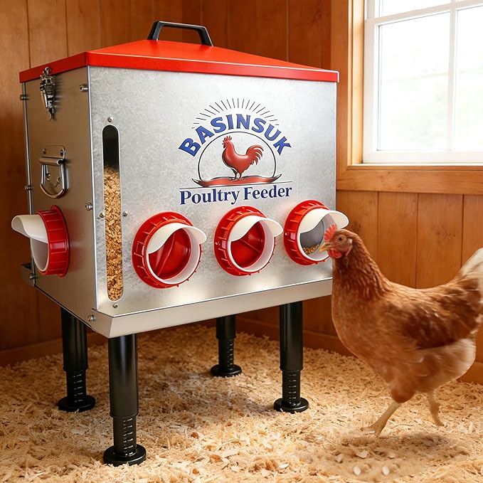 10Gal 55lb Automatic Chicken Feeder 8 Ports, Large Metal Poultry Feeder No Waste Rat-Proof with Window & Catchment Tray, Height Adjustable Waterproof Rust-Proof for Backyard Coop Duck Turkey