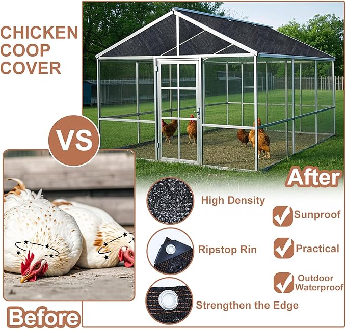 Black Chicken Coop Cover UV 90% Shade Cloth for Summer 11.5 * 6.6 FT Chicken Cages Cover with 20Pcs Ball Bungees Cords Sun Shade Netting Mesh for Outdoor Garden Patio Yard Plants Chicken Run Pen