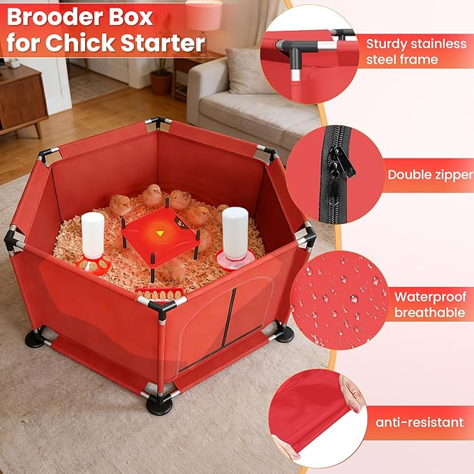 Brooder Box for Chicks, 8-in-1 Chick Heat Plate Starter Kit, Baby Chicken Brooder Pen with Feeder, Waterer, Perch & Bedding, Indoor Poultry Setup (Red)
