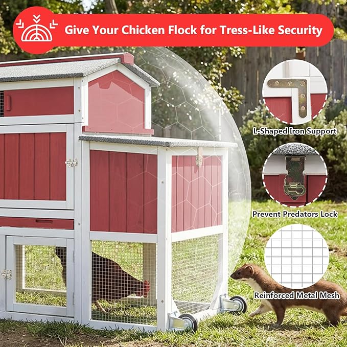 78" Wooden Chicken Coop with Nesting Box, Poultry Cage with Wheel Leak Proof Pull-on Tray and Asphalt Waterproof Roof, Hen House for Garden Backyard Farm