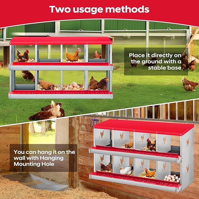 Nesting Boxes for Chickens, 8 Compartments, Nesting Boxes with 4 Dummy Eggs and 10 Dampproof Pets Mats, Red, Stainless Steel, Wall-Mountable & Roll Away Design