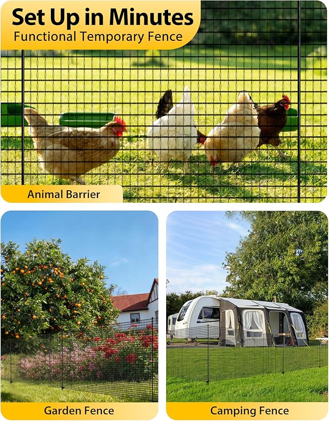 Temporary Fence with Posts, 3'x50' Plastic Fencing Garden Fence Animals Barrier with Fiberglass Stake Windbreak Rope, Portable Snow Fences, Fencing for Dogs Outdoors Backyard (Black)