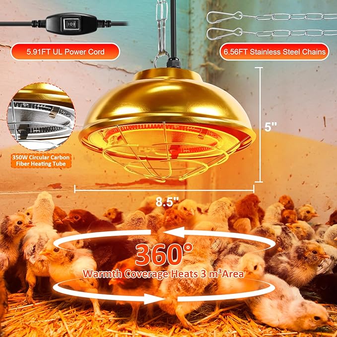 Heat Lamp for Chickens Coop Heater,350W Chick Brooder Heater for Chicks Poultry Coop,Small Pets Heating Warmer Lamp for Winter Indoor/Outdoor Ducks Rabbit Dogs W/ 2 Adjustable Temp(350W/180W)