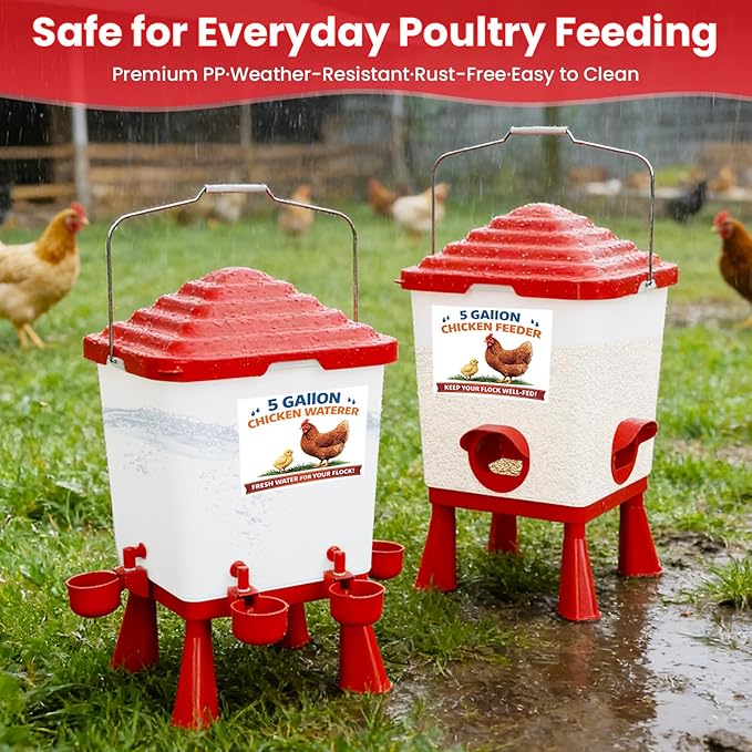 Chicken Feeder and Waterer Set, 5 Gallon Automatic Chicken Waterer with Cups, 40LB Large Chickens Feeders No Waste, Chicken Coop Accessories, Poultry Feeder & Chicken Watering System for Ducks, Quails