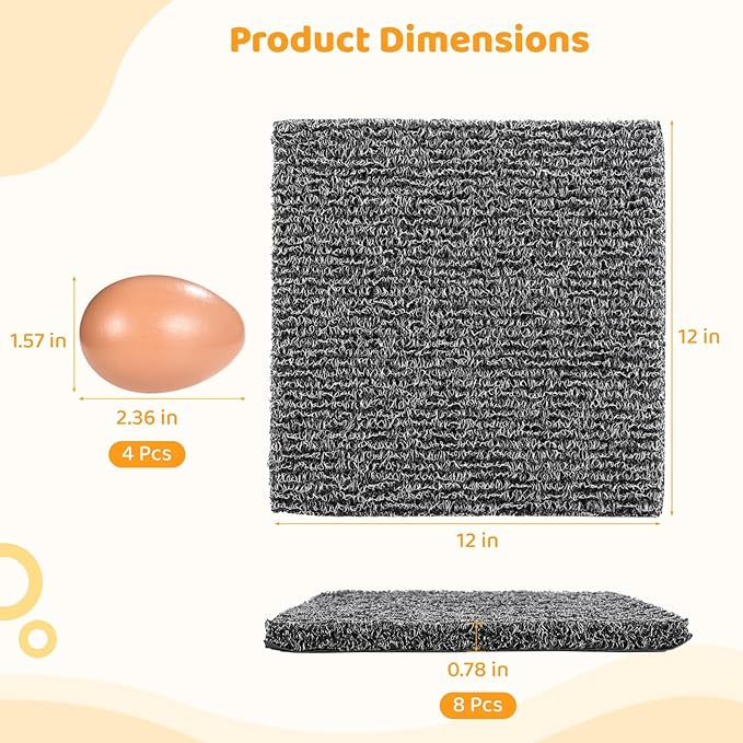 8 Pcs Chicken Nesting Pads, Washable Nesting Box Liners for Chicken Coop, Reusable Plastic Nest Box Pads with 4 Pcs Fake Wooden Eggs, Chicken Laying Mats, 12×12×0.8 inch