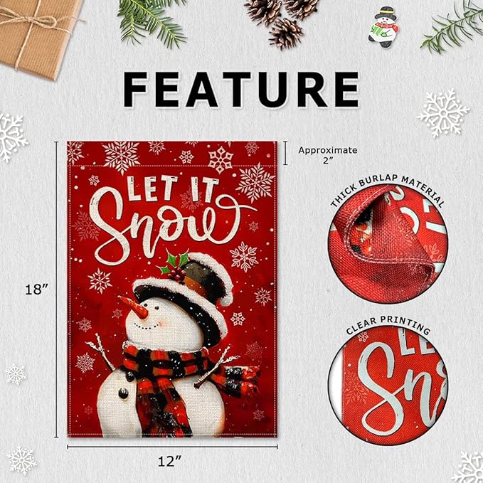 Christmas Welcome Flag - Snowman Let It Snow Winter Flags 12x18 - Outdoor Garden, Porch, Home Décor - Red Color Merry Xmas Yard Decoration