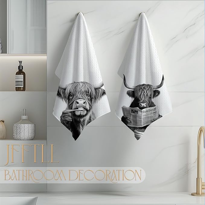 Highland Cow Bathroom Decor Hand Towels, Highland Cow Gifts for Women, Black and White Farm Animal Hand Towels for Bathroom Washroom Restroom Decor, 16x24 Inch, Set of 4
