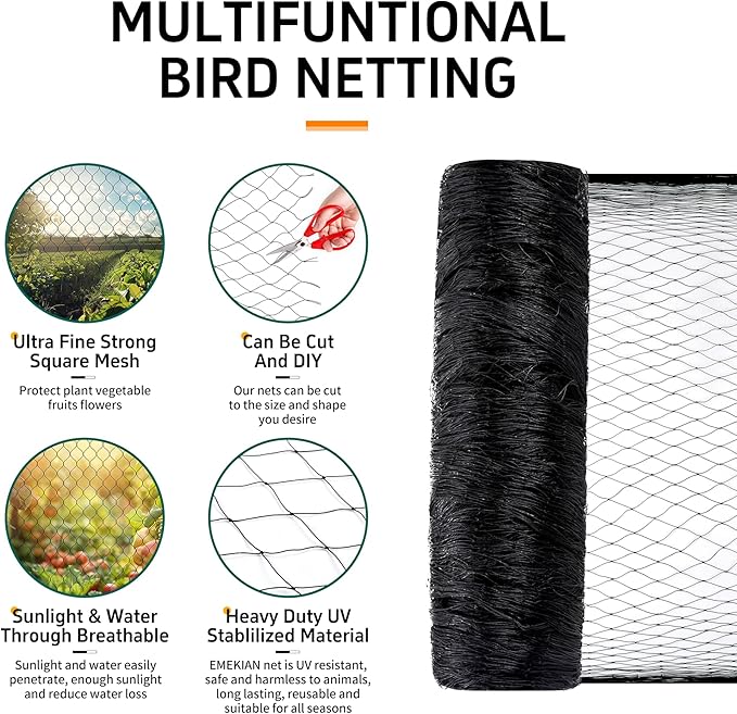 Garden Netting, 50' x 50' Heavy Duty Bird Netting Deer Fence Net, 1" Mesh Poultry Netting for Chicken Coop, Run & Garden, Protect Fruit Trees, Vegetables from Birds, Deer, Squirrels