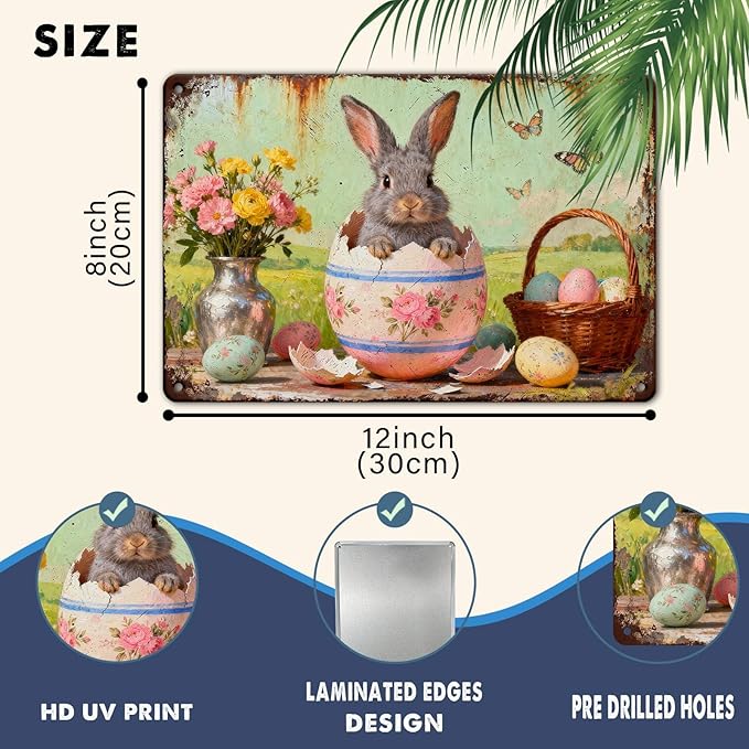 YoyaVex Vintage Easter Bunny Metal Sign Cute Rabbit Design Rustic Farmhouse Wall Art For Home Garden Outdoor Bar Cafe Decor Holiday Renovation 8X12Inch