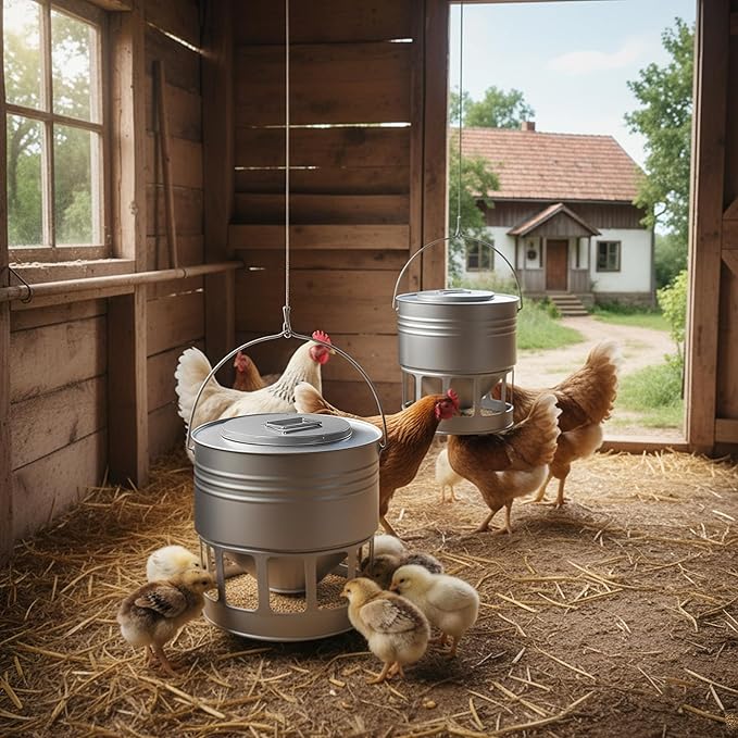 KOL Hanging Chicken Feeder – 20lbs Metal Chicken Feeder No Waste, Adjustable Poultry Feeder with 12 Ports, No Installation & Universal Height Design (Silver)