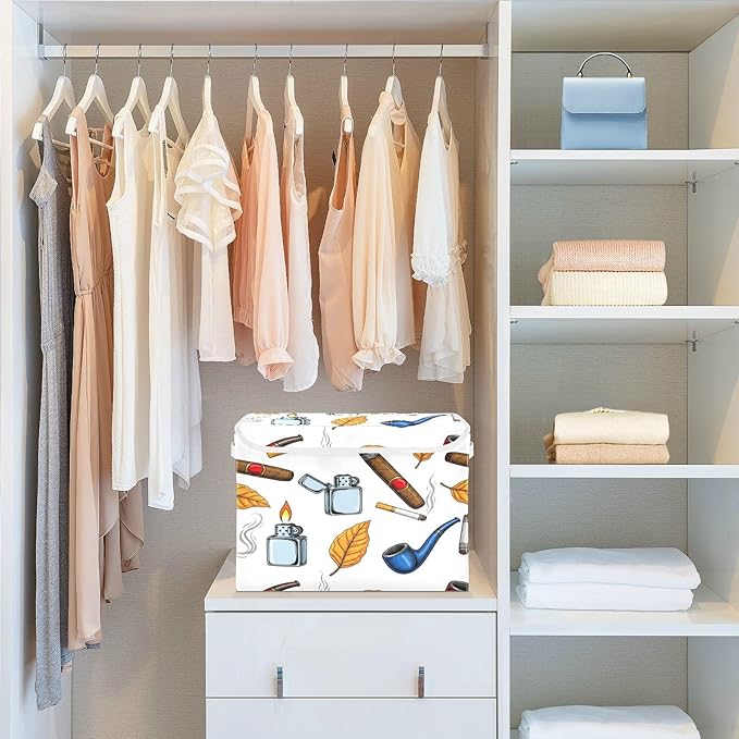 Pipes Leaves Smoke Storage Bins with Lids Foldable Storage Basket with Handles Collapsible Large Fabric Organizer Containers for Clothes Shelves Closet Office Home