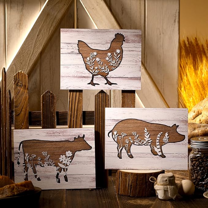 Jetec 3 Pieces Farmhouse Kitchen Signs Cow Rooster and Pig Decors 7.9 x 5.9 Inch Rustic Wooden Signs Country Wall Decorations for Kitchen Wall Ornaments and Home Supplies (Cute Style)