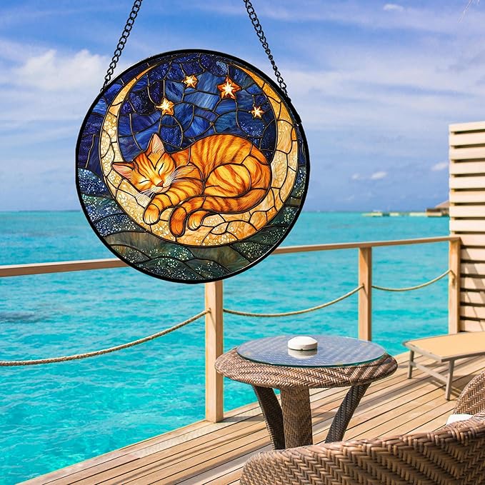Stained Glass Window Hanging - Orange Moon Sleeping Cat Sun Catcher for Door Home Decor Blue Starry Sky Suncatcher Christmas Mother's Day Birthday Gifts for Women Men Mom Nana 9.8 in