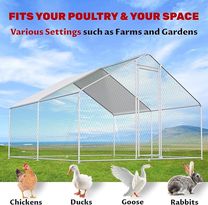 Large Metal Chicken Coop Walk-in Poultry Cage Chicken Run Pen Rabbit Duck House with Waterproof and Anti-UV Cover for Outdoor Farm Use